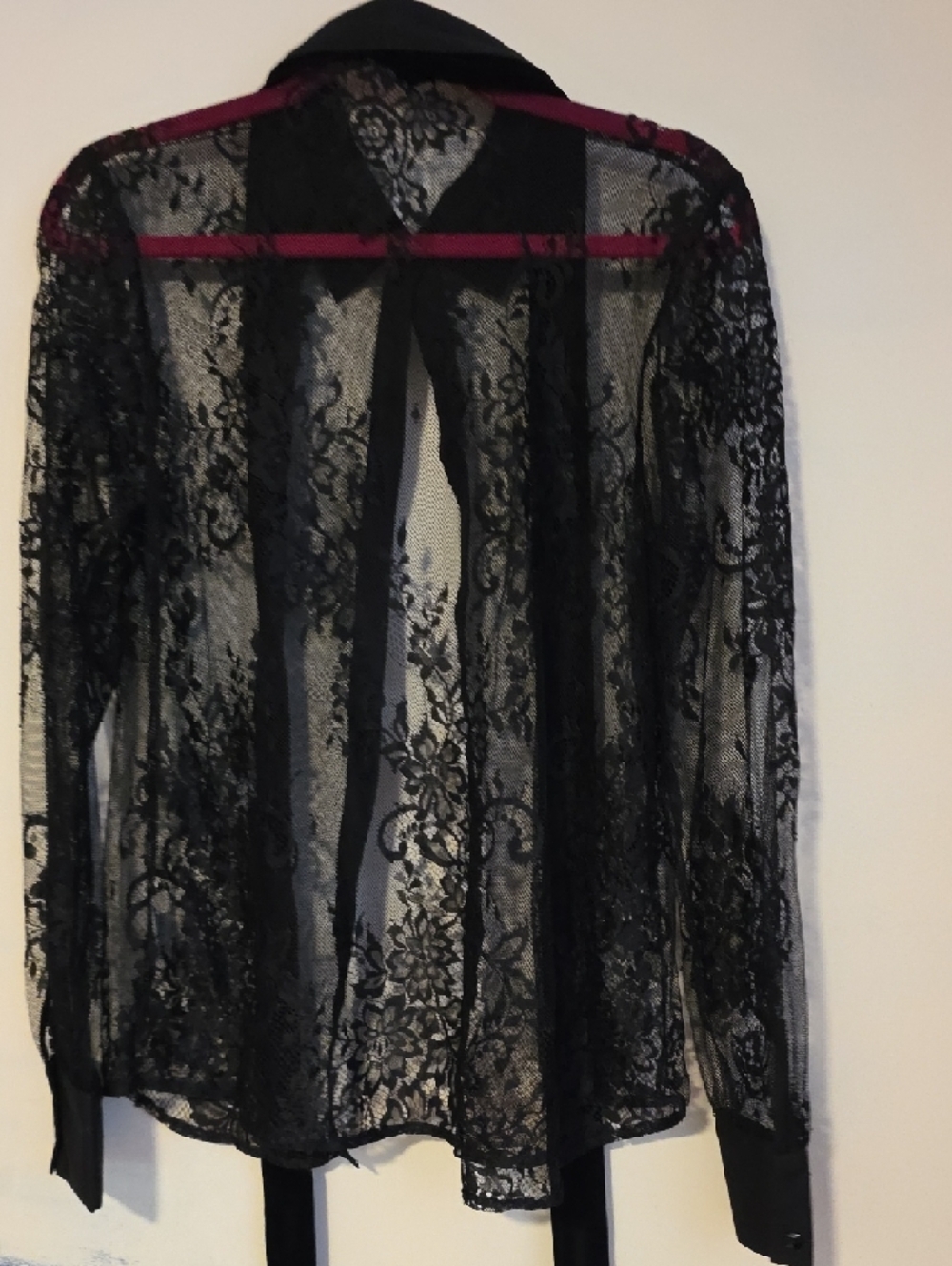 Sheer Black Lace Button-Up Blouse with Neck Ties - Picture 8 of 10